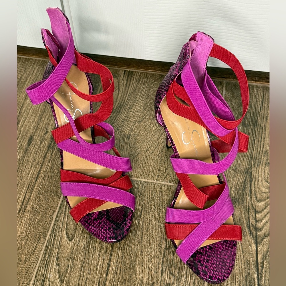 JESSICA SIMPSON PINK SNAKESKIN HIGH HEALS